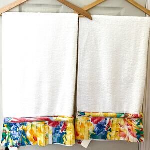 Vintage 100% Egyptian Cotton Bath Towels Set White Yellow Floral Pleated Trim